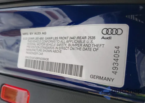 2024 Audi A4 Premium Plus 45 Tfsi S Line Quattro S Tronic from USA, damaged, VIN WAUEAAF49RN008436